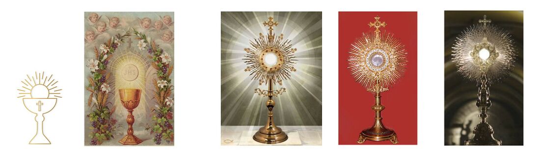 shows illustrations, on the right, of the roman catholic symbol of the monstrance or sanctissimum, and left the cup and host as the central ritual of the roman catholic mass. The deep meaning of this symbol of Christianity and transubstantiation as part of the ancient mysteries has been lost, but has been elucidated by Rudolf Steiner in various lectures (references see Schema FMC00.191) The roman catholic insignia IHS means Jesus. IHS comes from the Latinized version of the Greek ιησους or (in capitals) ΙΗΣΟΥΣ, hence IHSOUS in Latin letters, of which the first three letters in capitals IHS(ous). The Greek name is transliterated as and pronounced iēsous, the Hebrew name is transliterated and pronounced yeshūa, in Latin it becomes Iesus. More correctly would be Christ or Christ-Jesus.