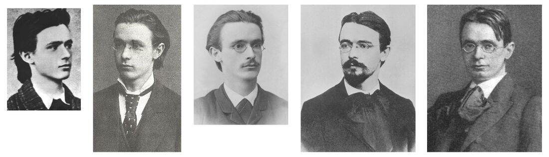 shows a selection of pictures of Rudolf Steiner at young (left) and middle age (right). From left to right: a (1879, age 18), b (as a student, est. around 20 or early 20s), c (1886 in Vienna, age 25), d (Weimar period 1892-96, age approx. 31-35), e (around 1900 in Berlin, age 39)
