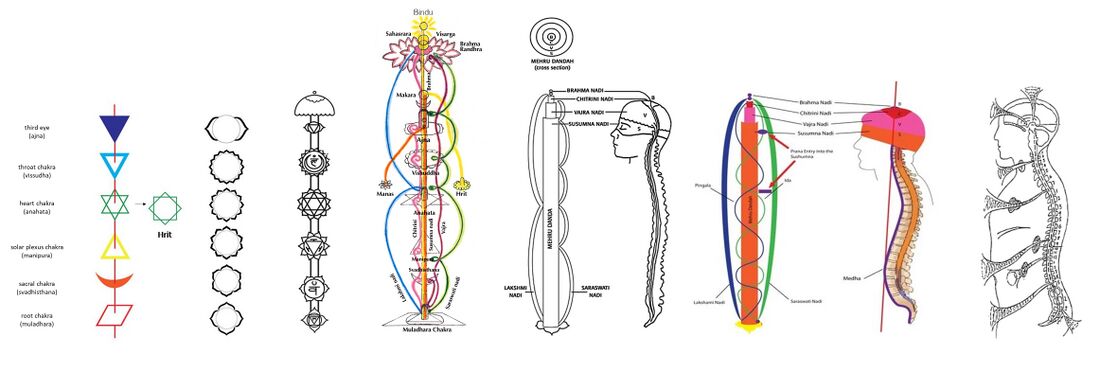 shows various more detailed illustrations of, on the left, the main chakras (with tattvas and symbols), and on the right the main nadis. Taken from various publicly available sources that include Joan S. Harrigan and Shuang Yan Guan Zhu.