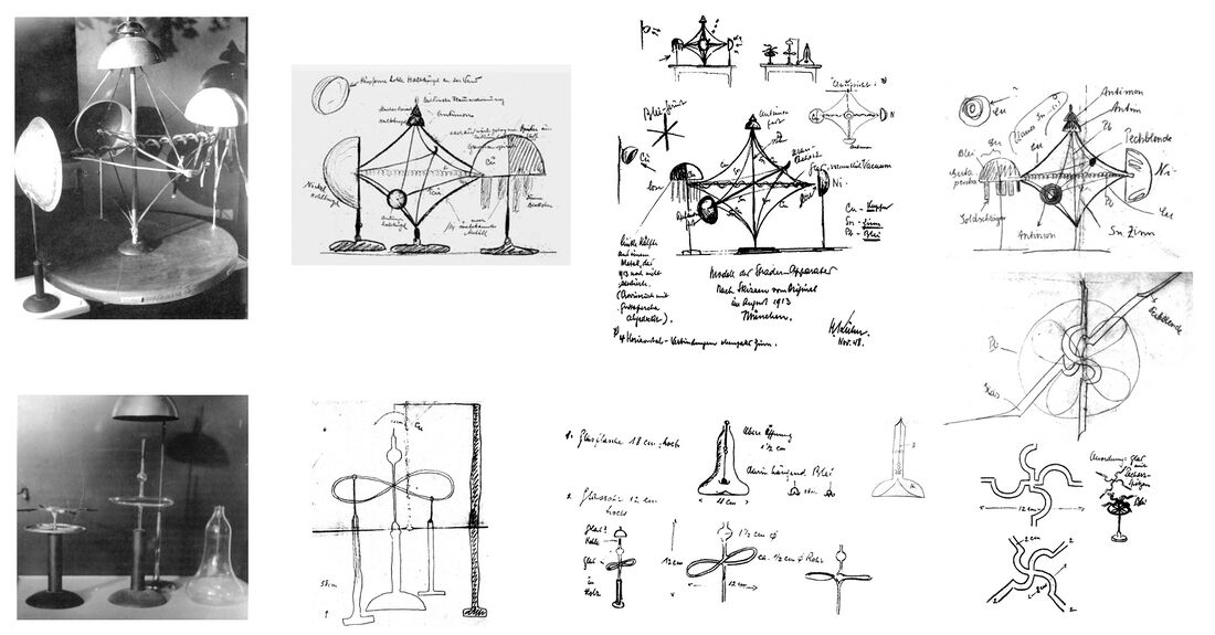 shows the Strader device (upper left) and three additional devices (lower left) used in Rudolf Steiner's Mystery Dramas, and right various sketches for the construction of the models made as hints for future etheric technology, drawings by Oskar Schmiedel (1887-1959) and Hans Kuhn (1889-1977).