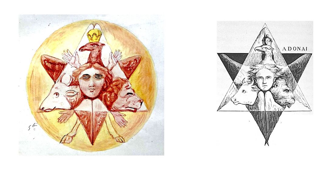 shows Man as merger of group soul influences against the hexagram of two triangular force fields upwards and downwards (see also Schema FMC00.088 and others on The two etheric streams). on the left: Éliphas Levi's (1810-1875) original illustration on the right: from Levi's book 'Dogme et rituel de la haute magie' (in EN: 'Dogma and Ritual of High Magic') published in two volumes in 1854 and 1856. Compare with variants Schema FMC00.215 and Schema FMC00.215B.