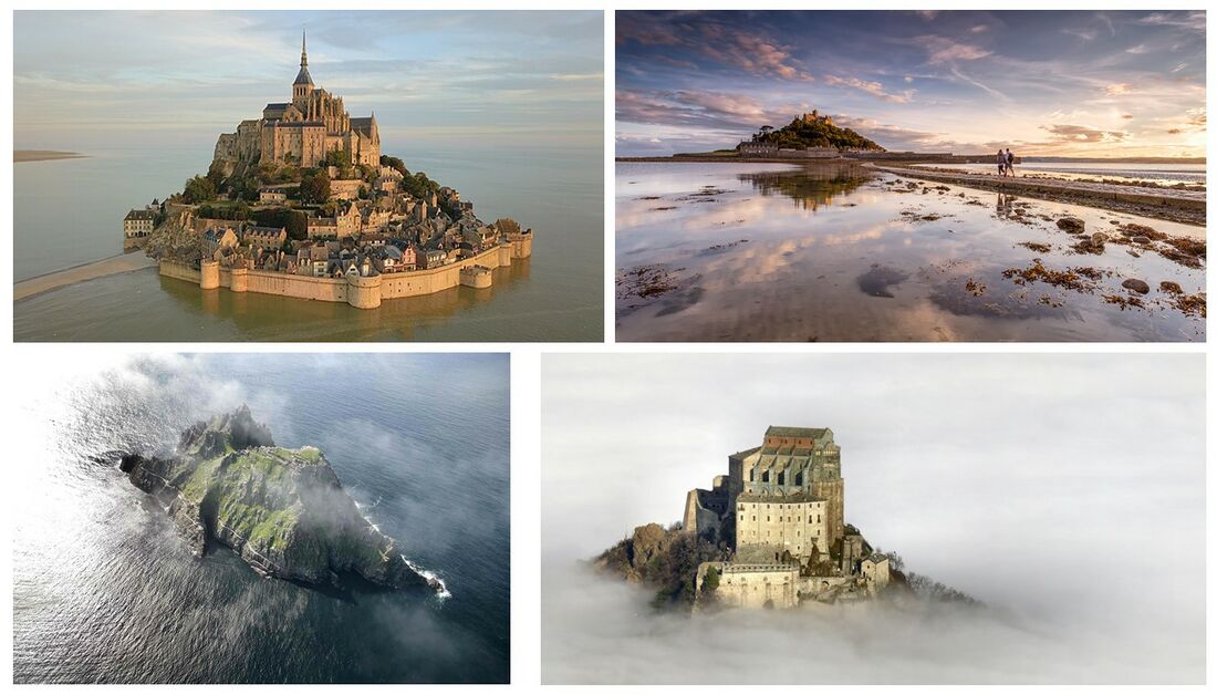 shows illustrations of just a few of the special locations with a long Michaelic tradition, known for their special spiritual energies: *upper left: Mont Saint-Michel (France) - dating back to the 8th century, with Benedictine abbey as of the 10th century *upper right: Saint Michael’s Mount (England) - with legend of 8th century and Benedictine priority as of 11th century *lower left: Skellig Michael (Ireland) - isolated island off the Irish coast, with 6th-century monastery *lower right: Sacra di San Michele (Italy) - near Turin, with abbey from the 10th century Other examples of such special places are Sanctuario di San Michele Arcangelo, a cave in Monte Sant'Angelo (Italy) and pilgrimage destination since the 5th century, the small but beautiful San Michele Arcangelo in Perugia (Italy) also dating back to 5th or 6th century, the chapel built on the 60x120m Saint-Michel tumulus in Carnac (France) containing several dolmen of at least 5000 years old. Note: the Irish island reminds of the more northern Scottish Isles of Iona (with monasteries going back to 6th century or before) and Staffa (with the ancient initiation site Fingal's cave) - for more information see topic page Hibernian Mysteries, and the map on Schema FMC00.622. For the link between Ireland and Scotland and the Christianization of Europe, see Central European cultural basin where Rudolf Steiner describes how Iro-Scottish monks such as a.o. Patrick, Columban, and Gallus spread Christianity in Europe in the 5th-6th centuries.