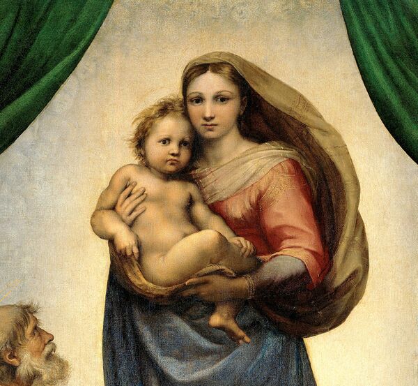 shows the central detail of the Madonna with Child arising from a radiant heaven filled with angelic faces.
