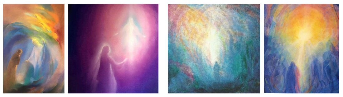shows artwork with the theme 'encounter with a light being', as is often reported as part of Near Death Experiences (NDE). However people also have such feeling experiences with deceased beloved and in dreams. Left: two works by Liane Collot d'Herbois (1907-1999) Right: two works by Ninetta Sombart (1925-2019)