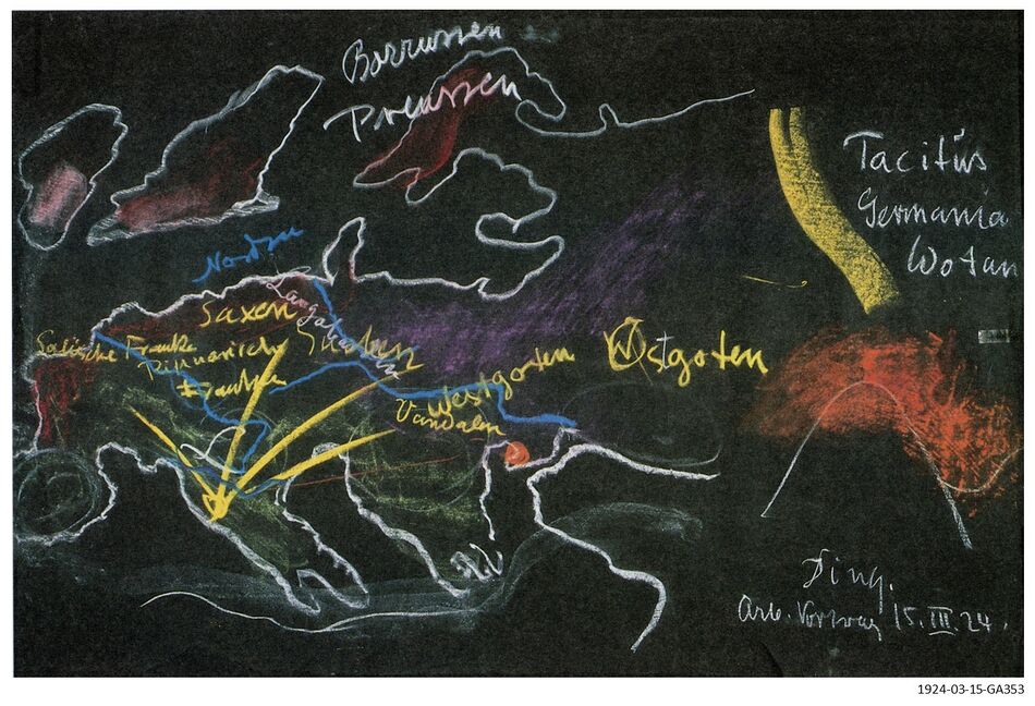 is a blackboard drawing by Rudolf Steiner that sketches Europe at the time of the spreading of Christianity, as described in the lecture of 1924-03-15-GA353. See also the perspective of folk souls (Schema FMC00.459) overlaying Migrations, in context of the impulse of the third Greco-Latin cultural age (Schema FMC00.534 on the topic page 325) and Christ Impulse - meeting of two streams (Schema FMC00.113).