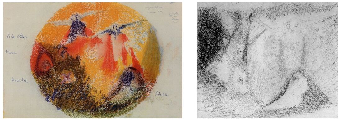 shows two sketches by Rudolf Steiner in 1914 for the theme 'Atlantis' as part of the motifs for the cupola illustrations of the first Goetheanum. Left an oil crayon pastel sketch, right a pencil drawing. Clearly represented are the group souls of humanity hovering above beings below.