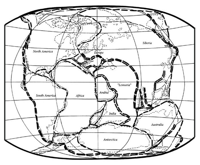 depicts a possible or probable structure of the large unified arch-continent with granite-gneiss crust called Pangaea at the end of the Paleozoic era, the Permo-Carboniferous period (see also Schema FMC00.209). View from the Sun after the separation of moon in the Lemurian epoch. This large unified arch-continent would have covered about one third of the spherical surface of today’s Earth. The dashed lines give the later fracture boundaries, double-dashed show future narrow zones of high mountain belts. Illustration from the excellent reference work by Dankmar Bosse 'The mutual evolution of Earth and humanity' (2002), after H.G. Owen 'Atlas of Continental displacement' (1983).