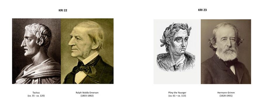 illustrates two related Individualities with karmic relationships in at least three joint incarnations: *KRI 22: Tacitus (ca. 55 - ca. 120) - Countess Matilda (1046- 1115), daughter of Countess Beatrix - Ralph Waldo Emerson (1803-1882) *KRI 23: Pliny the Younger (ca. 61 – ca. 113) - Countess Beatrix of Tuscany (ca 1020-1076) - Hermann Grimm (1828-1901) Notes: a painting depicting Matilda of Canossa exists too, but has not been included as there is no qualitative picture of mother Beatrix.