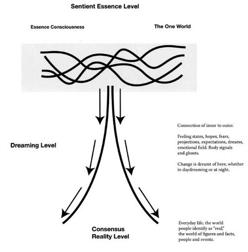 shows a simple picture of Arnold Mindell's model of the three levels of reality. Though not part of the spiritual scientific worldview, one can see it as an illustration of the Golden Chain as part of the Cosmic fractal. Below 'consensus reality', called this way because the majority of human beings are in consensus about the physical world with common contemporary waking consciousness. In the middle what is called the emergent 'dreaming level' that can be thought of as the astral world. Above the 'sentient essence' level that one can relate to the spirit world (for example Rawn Clark speaks there of 'essential meaning'). The model is used a.o. in ORSC coaching (Organizational Relationship and Systems Coaching). Another model where one finds these multiple levels of reality and soul experience is TheoryU. This illustrates that concepts from spiritual science are all around us in the world.