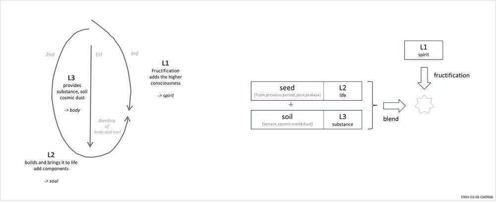 provides a conceptual infographic of the logoic principle. The traditional theosophical schema on the left is explained and drawn differently on the right. The fruits of a previous evolutionary period are in-breathed back in the Logos at pralaya, and represent the seed of the next out-breathing, where it will be blended with the available soil made up of the available cosmic dust. When 'ready' at the middle of a cycle, there is a divine intervention that fructifies it with a higher consciousness. Like a car jack, this way the logoic principle moves up creation by one level along the CoC-ladder of Conditions of Consciousness, and an extension is woven onto creation, which thereby expands in ever more complex and sophisticated forms of self-consciousness.