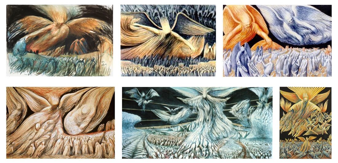 shows some artwork and evocation imagery by Donald Pass (1930–2010) visualizing the concept of folk souls or group souls. The work was triggered by and based on the vision of a profound spiritual experience that Donald Pass had in August 1969 in an English churchyard. For more conceptual illustrations see Schema FMC00.132 and Overview of the spiritual hierarchies#Interwoven nature, as well as on Man and the spiritual hierarchies#Illustrations. More complementary metaphoric evocation imagery on Overview of the spiritual hierarchies#Metaphoric imagery.