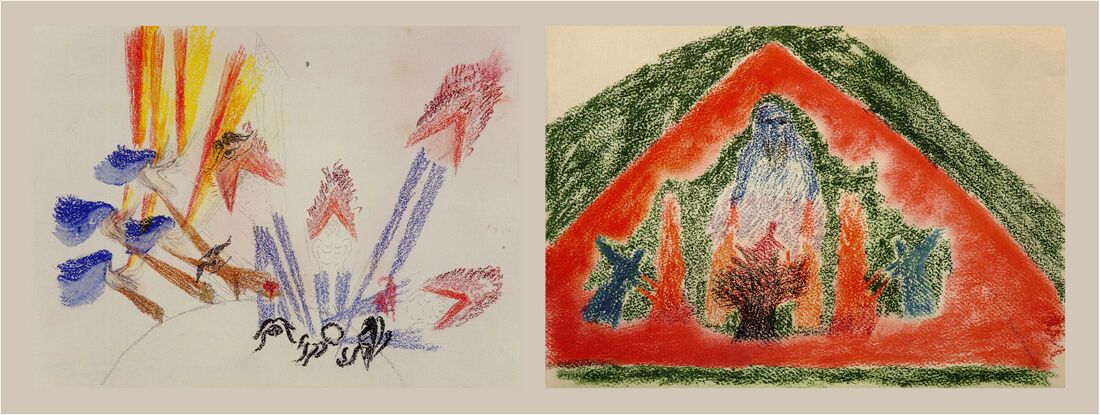shows two oil crayon sketches by Rudolf Steiner as part of the motifs for the cupola illustrations of the first Goetheanum. Left: the Elohim or Spirits of Form working creatively onto Man and the Earth. Right: Jehovah and the Luciferic temptation.