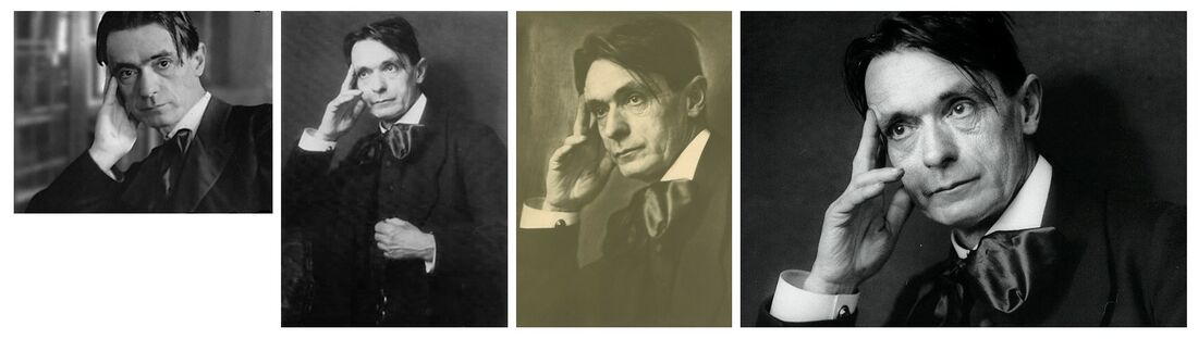 shows various pictures of Rudolf Steiner the thinker, or 'in a thinker pose', at various ages.