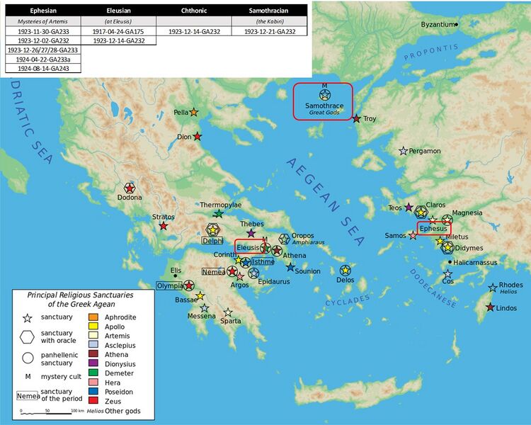 provides a geographical map positioning various sites of the ancient Greek Mysteries and corresponding lecture references. Note: addition to key lecture references on the Schema: 1924-09-05-GA346 for Samothracian mysteries (Kabiri)