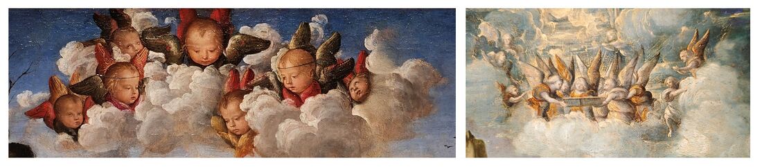 depicts what is called a 'choir' of seven archangels that alternate 'round robin' within a cultural age of approximately 2160 years governed by an archai spirit of the age, each governing a period of approximately 354 years in succession and thus "regulate this course of the human destiny", see Schema FMC00.239 and Schema FMC00.239A, and more on Third Hierarchy and Spiritual hierarchies and their eigenperiods. The spirits of the hierarchy of the archangels "alternate in such a way that about six or seven come one after the other, while one spirit of the age is ruling. So that we have the archangel we call Oriphiel in the time of the Mystery of Golgotha, then Anael, Zachariel, Raphael, Samael, Gabriel rule successively; and since 1879 we have the government of the archangel we call Michael" (1915-05-13-GA159) Both pictures taken as details from early 16th century paintings in the Ambrosiana Gallery Pinacoteca Library in Milan, Italy. On the left, from 'Madonna and child' (approx 1500-1510) by Pinturicchio (1454-1513) Right: detail of the 'Adoration of child Jesus' (approx 1515-1525) by Martino Piazza (ca. 1478-1523)