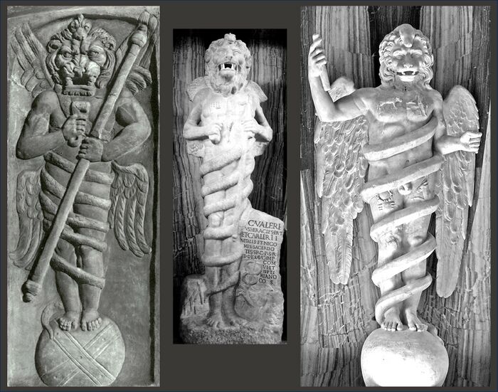 illustrates the leontocephaline figures found in Mithraic temples: lion-headed figures with naked human body entwined with a serpent, (two or) four wings, and holding one or two keys and a staff or sword. These images and statues are often linked to Zurvan, the creator god and personification of time and eternity in Zurvanism, generally regarded as a (later) branch of Zoroastrianism, Manly Hall quotes Franz Cumont and relates this symbol to boundless time and the victory over time and the god Aion or Kronos. Compare also with depictions of Phanes (such as in the Estense Gallery in Modena, Italy) showing a winged human body encircled by a serpent and holding a staff.