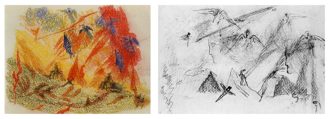 shows two sketches by Rudolf Steiner in 1914 for the theme 'Lemuria' as part of the motifs for the cupola illustrations of the first Goetheanum. Left an oil crayon pastel sketch, right a pencil drawing. It shows a yellowish (albumen) red (fiery) atmosphere, the green face of the Earth, appearance of mountains and vulcanoes (on the right), the human face representing the start of the Human I, and various spiritual beings working their influences.