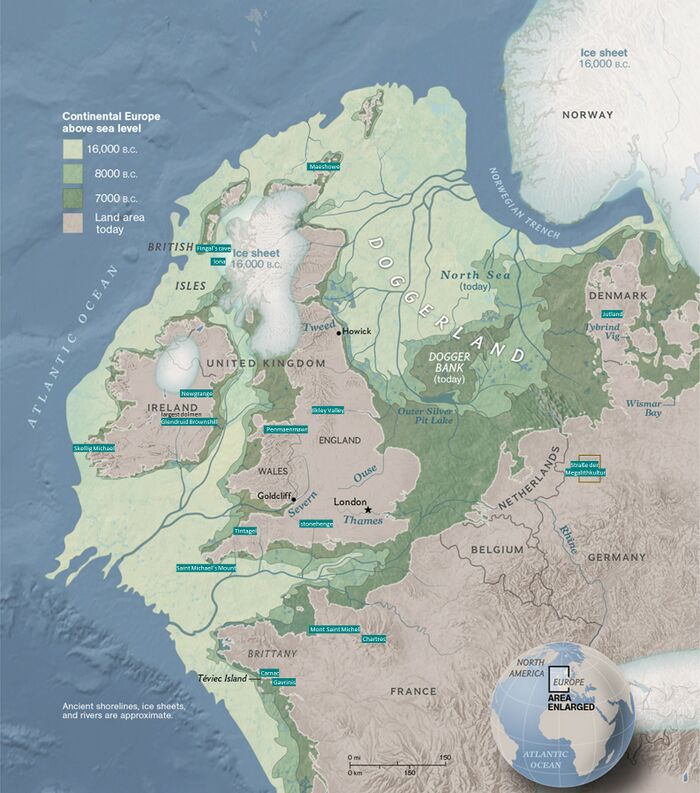 shows the area known as 'Doggerland' which was part of the mainland in the late stages of the Atlantean epoch and the early stages of the Current PostAtlantean epoch. Compare with middle and right maps on Schema FMC00.214C Rudolf Steiner mentions this as an important area populated during the migrations from Atlantis, and the Northern stream of development between say -8000 to -800 BC, with oa the Hibernian Mysteries (Ireland) and an important Mystery Center in Jutland (Denmark) - see Nerthus. A number of landmarks have been added from the Druidic and Trotten mysteries, along with such sites that Rudolf Steiner visited, and Michaelic sites - see Schema FMC00.621 from the later spreading of Christianity by Irish-Scottish monks.