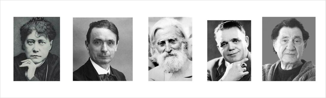 shows four 20th century western teachers, from left to right: depicts contemporary western teachers of humanity of end 19th to end 20th century; from left to right: Helena Blavatsky, Rudolf Steiner, Beinsa Douno, Franz Bardon, Daskalos. Pictures at later age, see also Schema FMC00.609A.