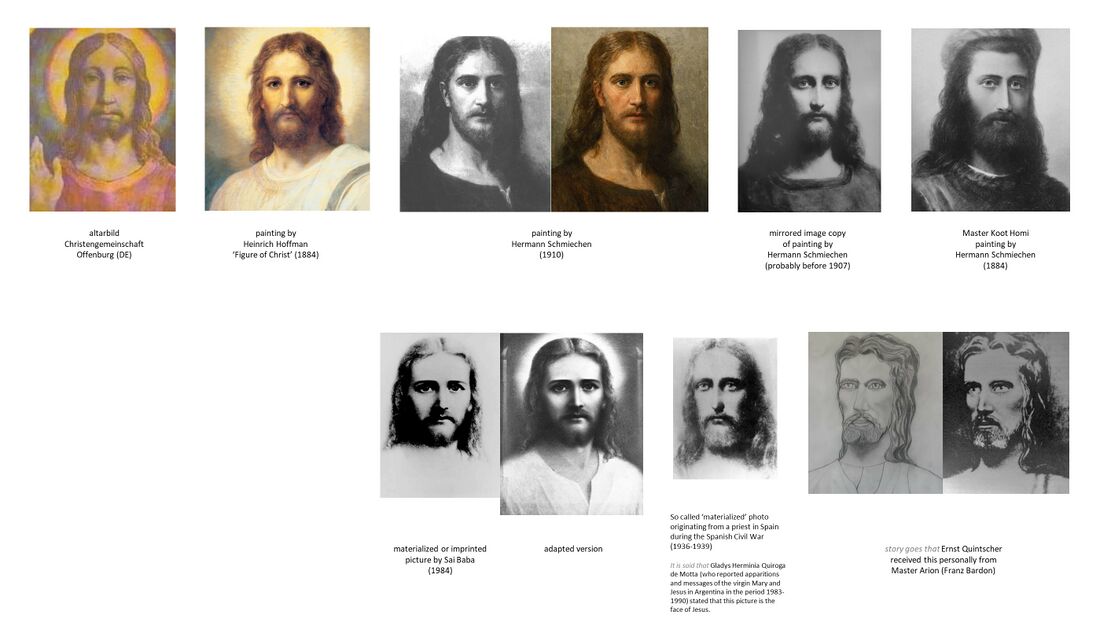 shows a further selection of various contemporary artistic depictions of Jesus. See Schema FMC00.657 for disclaimer and commentary. Above some well known imagery by Heinrich Hoffman (1824-1911) and Hermann Schmiechen (1855-1925) who both made multiple paintings. Above right: a Jesus painting by Schmiechen was mirrored for comparison with an earlier painting of Master Koot Homi some 20 years before, observe the similarity. Note theosophist Schmiechen made paintings of the Masters for Blavatsky in the 1880s (from Schema FMC00.309), then later joined the German theosophical society where Rudolf Steiner asked him in 1905 to make copies of these for use in the esoteric lessons. Below: some illustrations of so-called images of Jesus or Christ-Jesus that circulate worldwide, all with a (usually sensational) story attached.