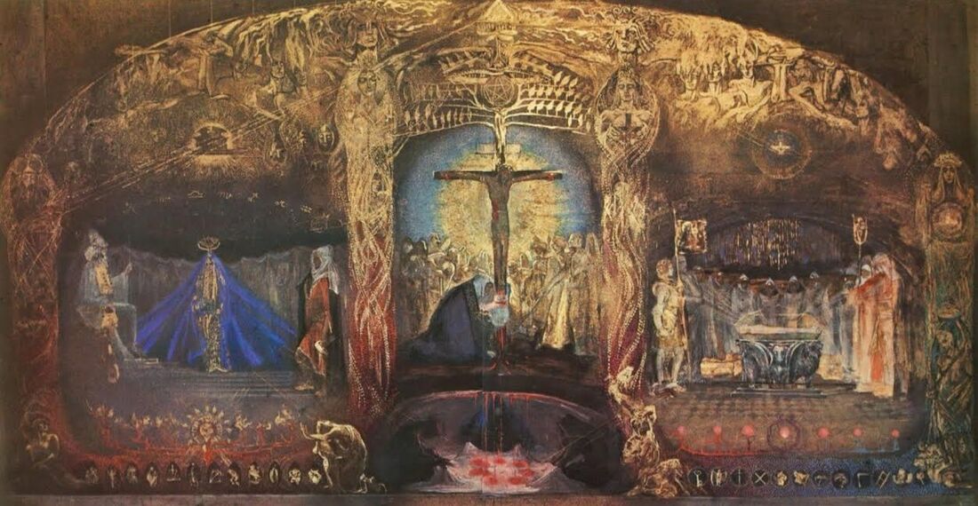 shows the Grail triptych by Anna May - von Rychter (1864–1955), a painting of approx. 2.5 by 6 meters painted at the time of the Munich mystery dramas (1909-13), and commissioned by Rudolf Steiner and based on his detailed instructions. The work was originally planned for the Johannesbau in Munich and later intended for the first Goetheanum, but it was later given to the Hamburg Waldorf School and later destroyed there by bombings during WW2. It was exhibited in Munich in 1918 with the title 'Grail - Divine and Human Blood'; the work is sometimes also referred to as 'From Solomon through Golgotha to Christian Rosenkreutz'. The left panel shows the three main figures of the Temple legend: King Solomon, Hiram Abiff and the Queen of Sheba. The central panel depicts the Mystery of Golgotha, with Joseph of Arimathea catching the blood of Christ in the Grail chalice. The right panel shows the initiation of Christian Rosenkreutz in the 13th century, described by Rudolf Steiner in 1911-GA130