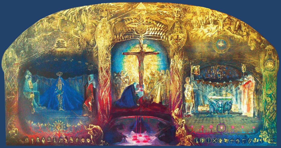 shows a high resolution version of the Grail triptych by Anna May - see original Schema FMC00.700, rendered for higher contrast and color. It can be used to study the details on each of the three panels. Literature includes: * Margareth Hauschka: 'Das Triptychon Gral von Anna May' (1975 in Das Goetheanum) * Adrian Anderson: 'Rudolf Steiner's Esoteric Christianity in the Grail painting by Anna May' (2017)