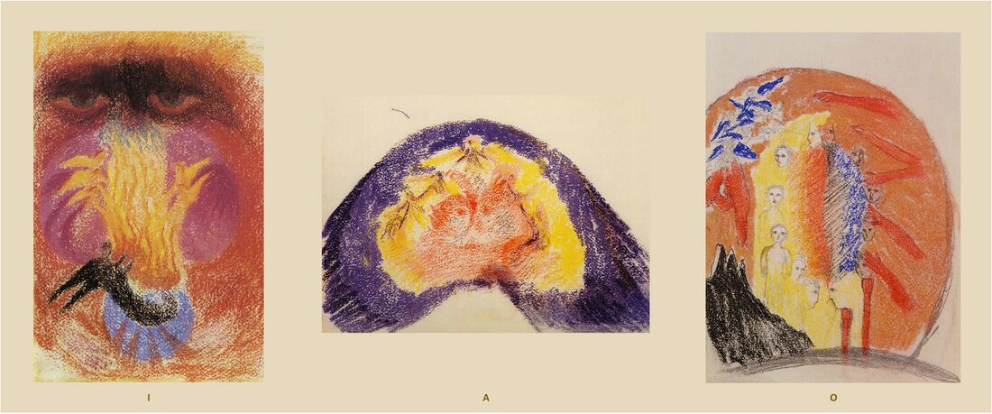 shows three oil crayon sketches by Rudolf Steiner with IAO motifs for the work on the large cupola of the first Goetheanum. The three images were merged into the overall cupola paintings. From left to right: the 'I': God's wrath and God's melancholy, the 'A': the round dance of the Seven, the 'O': the circle of the Twelve. Many variants of these as well as the blended IAO exist as painted by Gerard Wagner (1906-1999), see the book 'The Goetheanum cupula motifs of Rudolf Steiner' (2011).